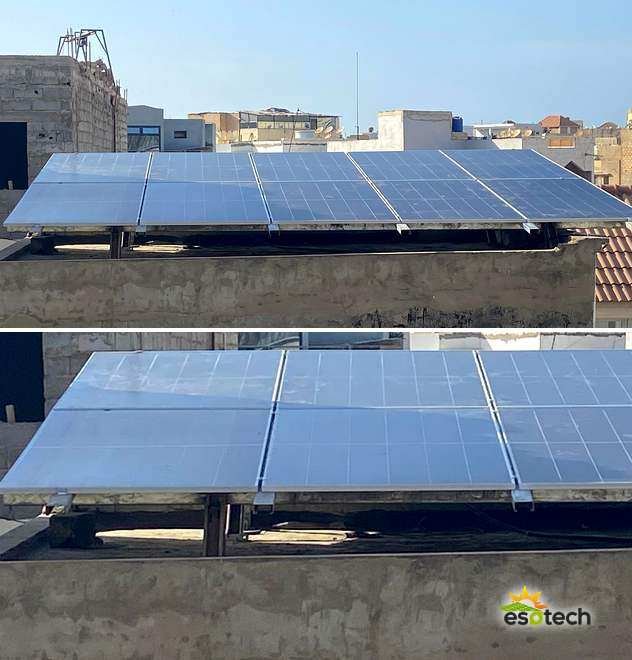 Champ de dix panneaux solaires sur structure surélevée en toiture-terrasse, installation en site isolé de 7,1 kWc aux Îles du Saloum, réalisée par Esotech