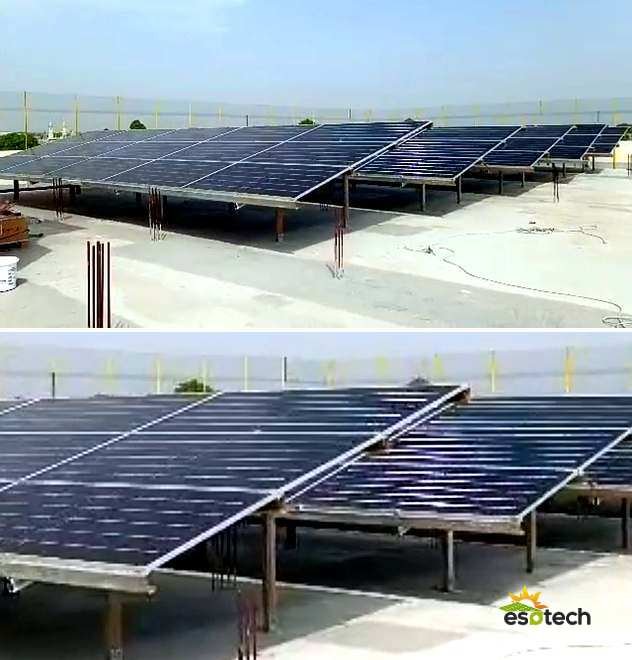 Champ complet de panneaux solaires sur structure surélevée en toiture-terrasse, installation de 42,6 kWc à Kaolack, réalisée par Esotech