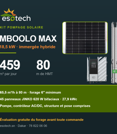 Kit pompage solaire MBOOLO MAX — 18,5 kW, 459 m³ par jour à 80 m de HMT, pompe DIFFUL, contrôleur AC/DC et 45 panneaux JINKO 620 W