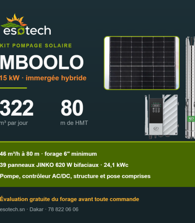 Kit pompage solaire MBOOLO — 15 kW, 322 m³ par jour à 80 m de HMT, pompe DIFFUL, contrôleur AC/DC et 39 panneaux JINKO 620 W