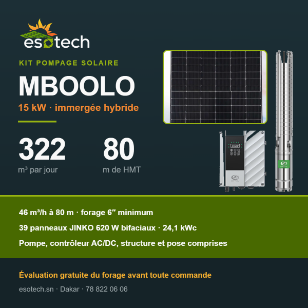 Kit pompage solaire MBOOLO — 15 kW, 322 m³ par jour à 80 m de HMT, pompe DIFFUL, contrôleur AC/DC et 39 panneaux JINKO 620 W