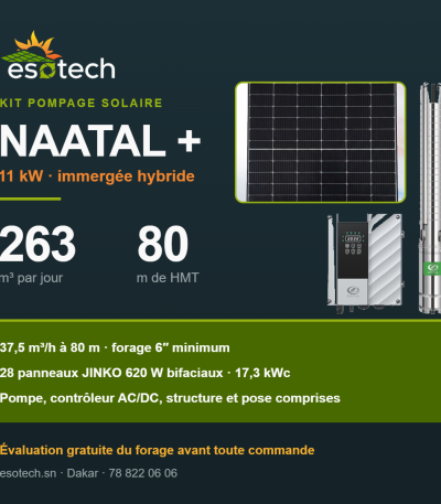 Kit pompage solaire NAATAL + — 11 kW, 263 m³ par jour à 80 m de HMT, pompe DIFFUL, contrôleur AC/DC et 28 panneaux JINKO 620 W