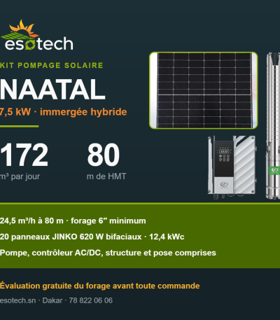Kit pompage solaire NAATAL — 7,5 kW, 172 m³ par jour à 80 m de HMT, pompe DIFFUL, contrôleur AC/DC et 20 panneaux JINKO 620 W