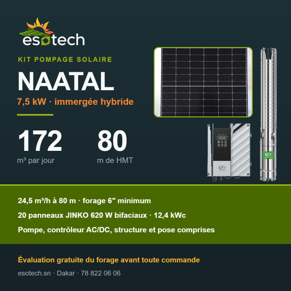 Kit pompage solaire NAATAL — 7,5 kW, 172 m³ par jour à 80 m de HMT, pompe DIFFUL, contrôleur AC/DC et 20 panneaux JINKO 620 W