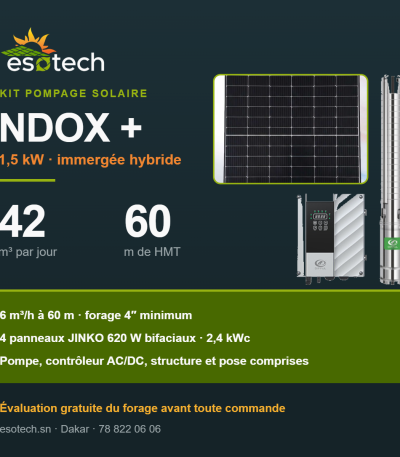 Kit pompage solaire NDOX + — 1,5 kW, 42 m³ par jour à 60 m de HMT, pompe DIFFUL, contrôleur AC/DC et 4 panneaux JINKO 620 W