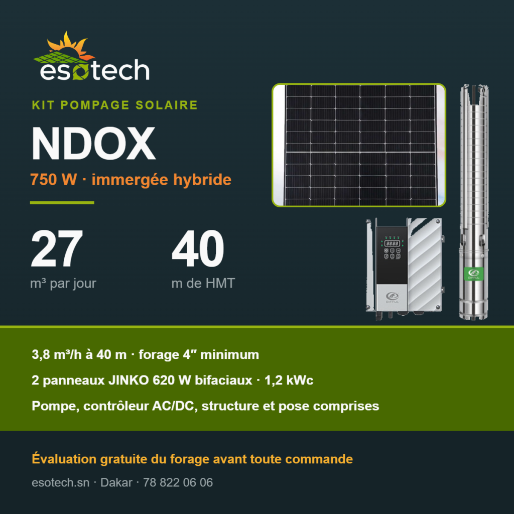 Kit pompage solaire NDOX — 750 W, 27 m³ par jour à 40 m de HMT, pompe DIFFUL, contrôleur AC/DC et 2 panneaux JINKO 620 W