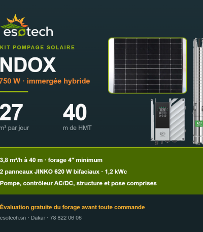 Kit pompage solaire NDOX — 750 W, 27 m³ par jour à 40 m de HMT, pompe DIFFUL, contrôleur AC/DC et 2 panneaux JINKO 620 W