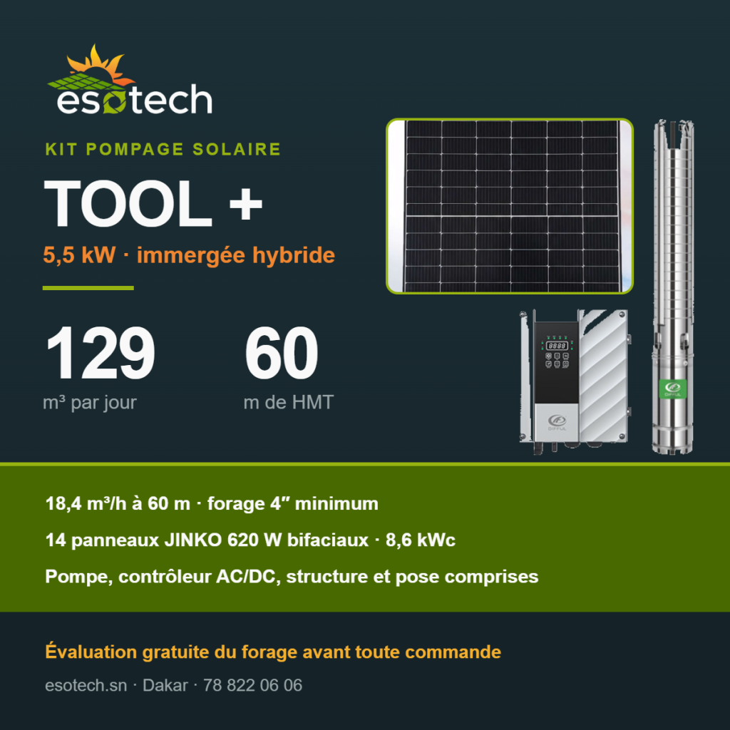 Kit pompage solaire TOOL + — 5,5 kW, 129 m³ par jour à 60 m de HMT, pompe DIFFUL, contrôleur AC/DC et 14 panneaux JINKO 620 W