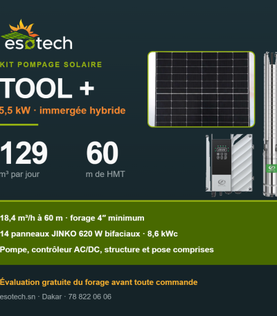Kit pompage solaire TOOL + — 5,5 kW, 129 m³ par jour à 60 m de HMT, pompe DIFFUL, contrôleur AC/DC et 14 panneaux JINKO 620 W