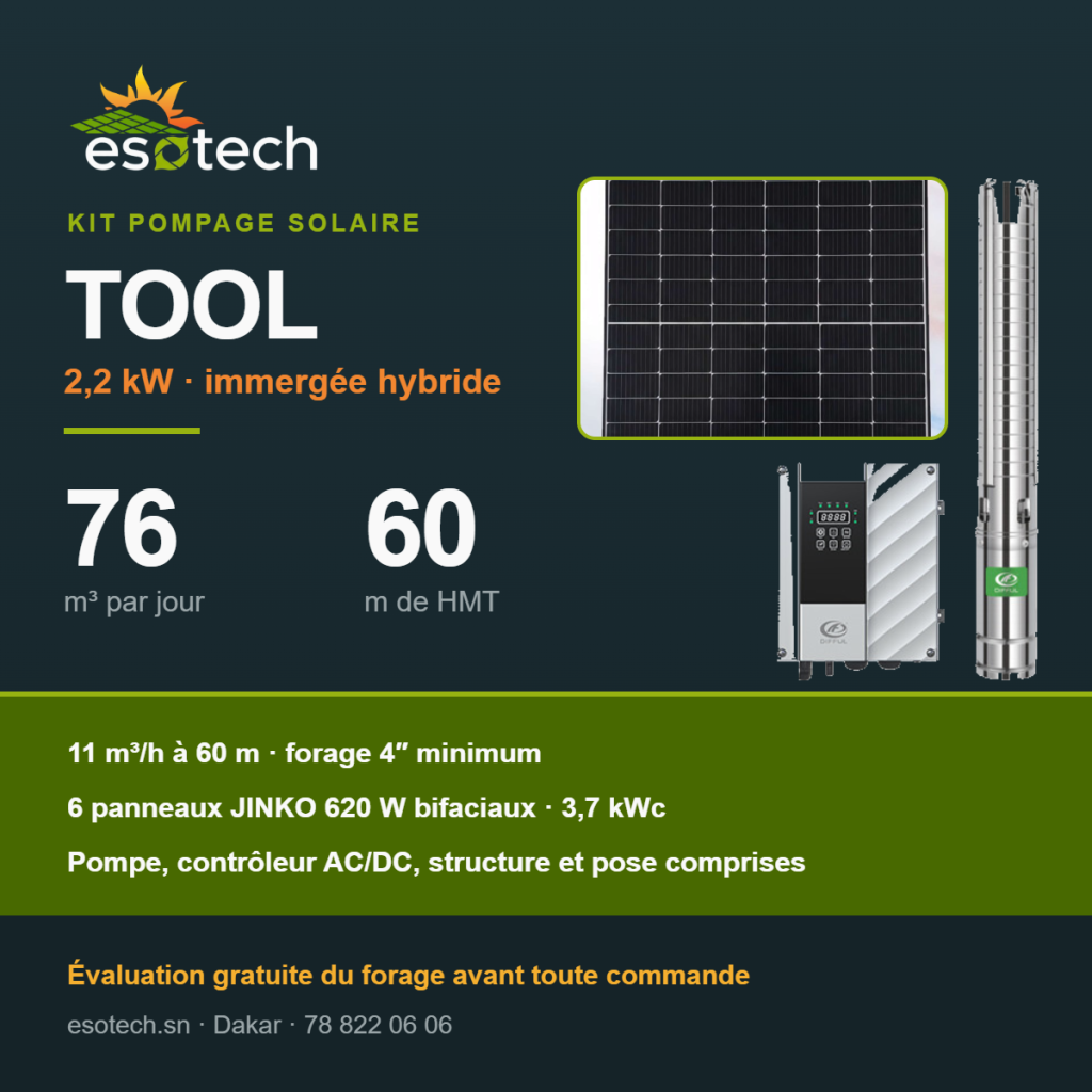 Kit pompage solaire TOOL — 2,2 kW, 76 m³ par jour à 60 m de HMT, pompe DIFFUL, contrôleur AC/DC et 6 panneaux JINKO 620 W