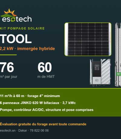 Kit pompage solaire TOOL — 2,2 kW, 76 m³ par jour à 60 m de HMT, pompe DIFFUL, contrôleur AC/DC et 6 panneaux JINKO 620 W