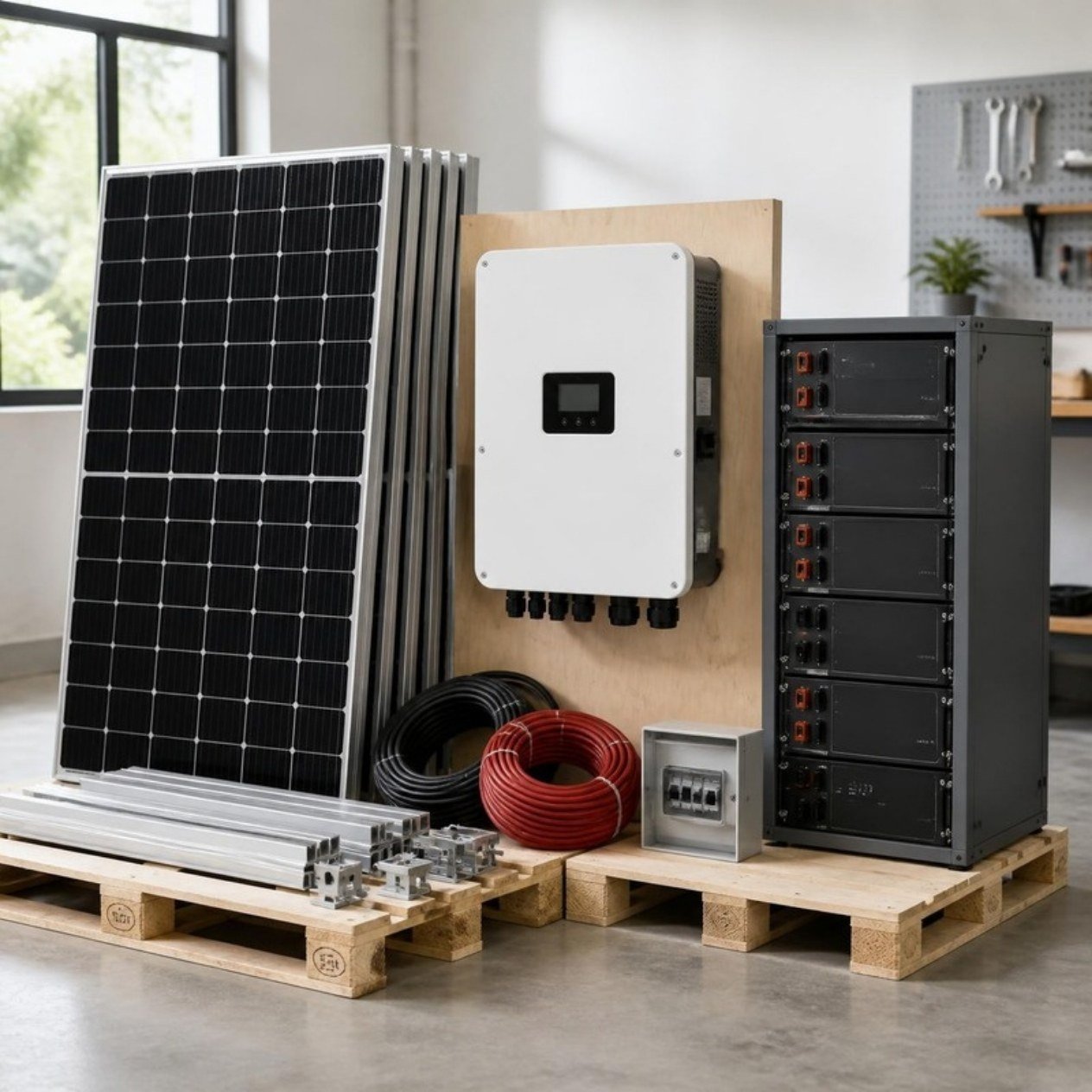 Illustration d’un kit solaire entreprise : panneaux, onduleur hybride et armoire de batteries lithium