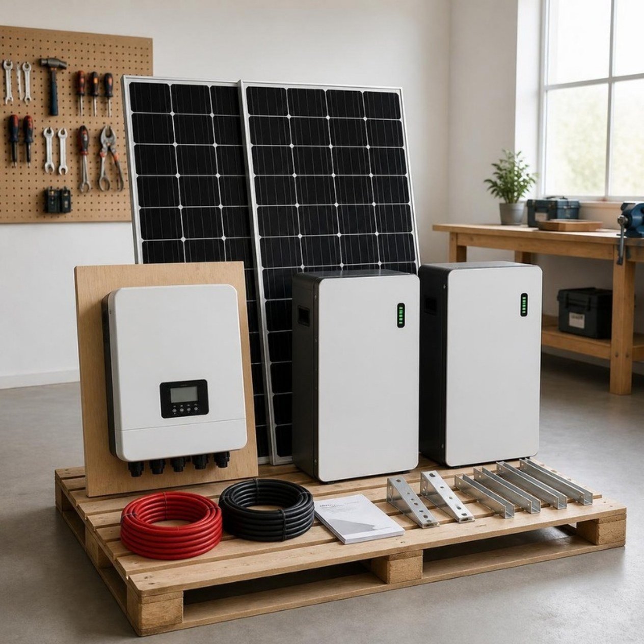 Illustration d’un kit solaire maison : panneaux, onduleur hybride et batteries lithium