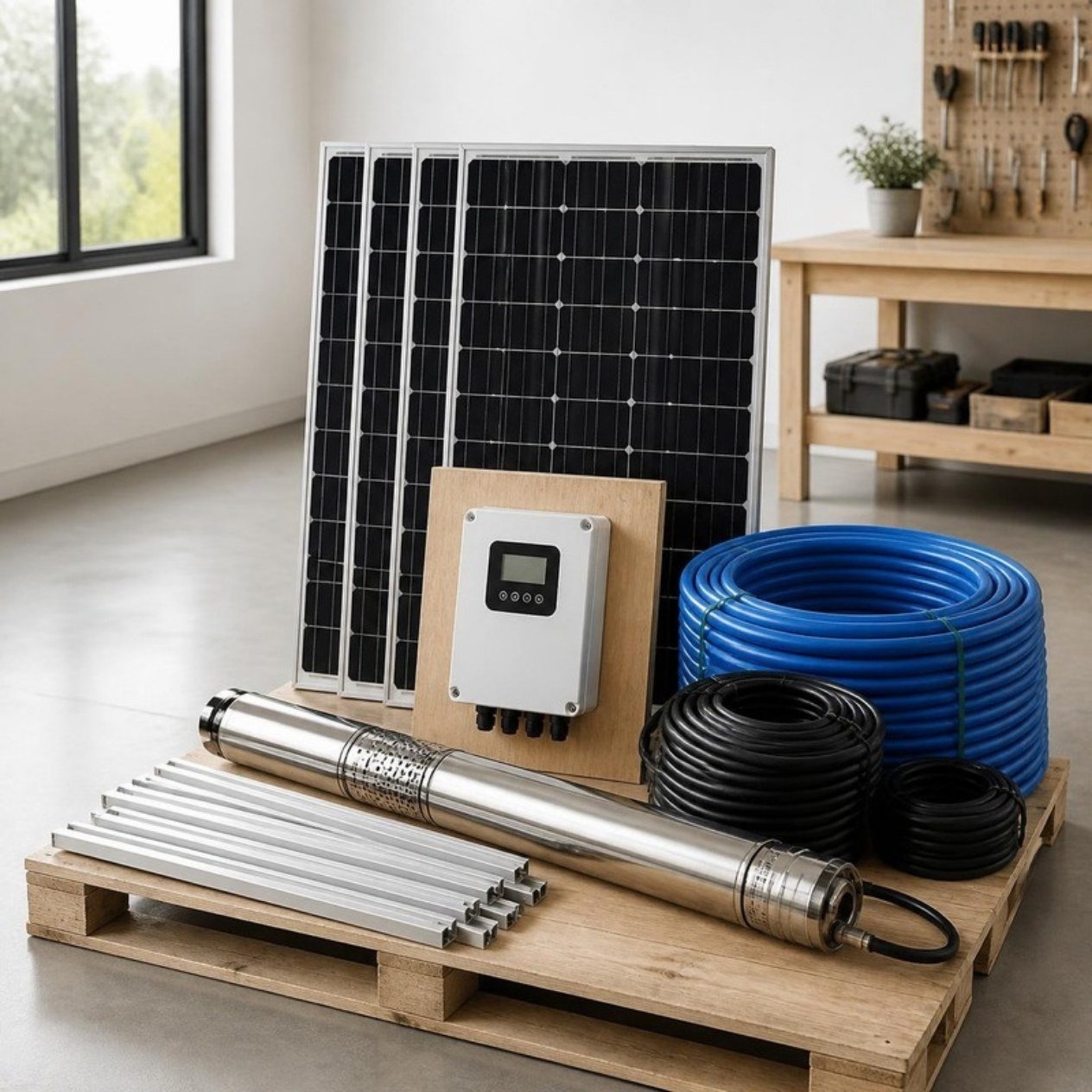 Illustration d’un kit de pompage solaire : panneaux, pompe immergée, variateur et tuyau