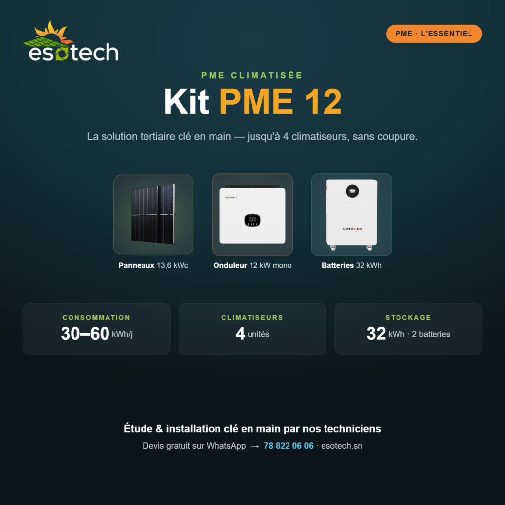 Kit solaire PME 12 — onduleur Growatt 12 kW monophasé, 2 batteries Lithtech 16 kWh, 22 panneaux JINKO 620 W