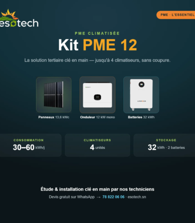 Kit solaire PME 12 — onduleur Growatt 12 kW monophasé, 2 batteries Lithtech 16 kWh, 22 panneaux JINKO 620 W